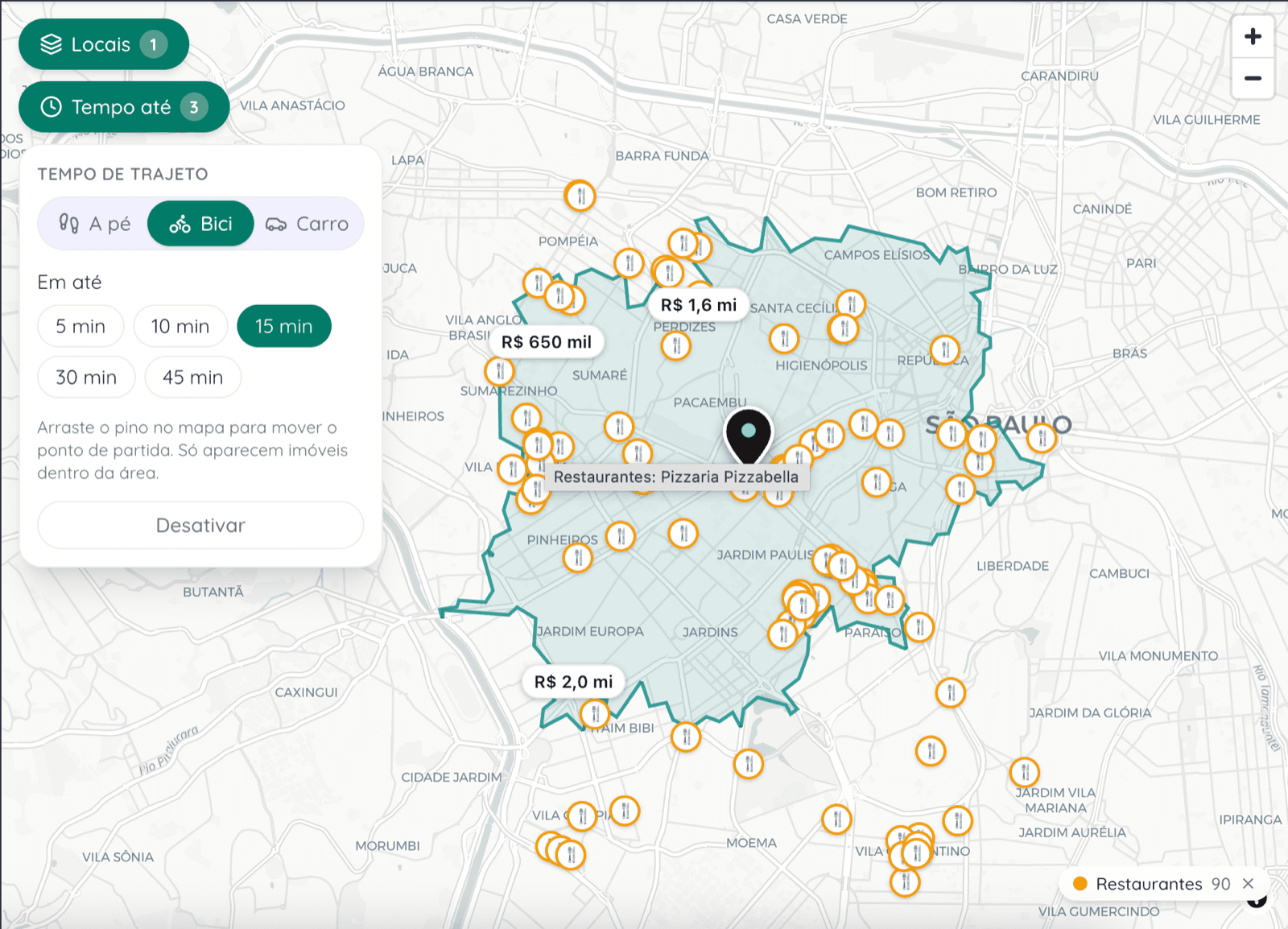 Mapa de busca do Morar.ai: a área alcançável em 15 minutos de bicicleta destacada, com os restaurantes ao redor e os imóveis à venda com preço.