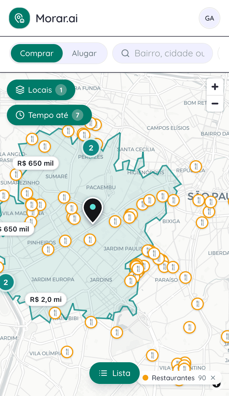 Mapa de busca do Morar.ai no celular: a área de 15 minutos de bicicleta, os restaurantes ao redor e os imóveis com preço.